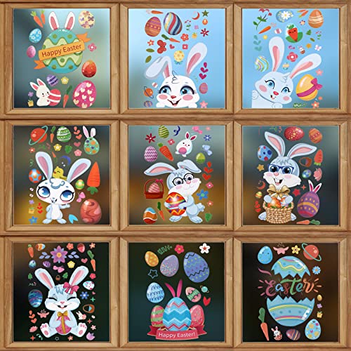 Autocollants de Fenêtre de Pâques Décorations 9 Feuilles 194 PCS Autocollants de Fenêtre Lapins Poulet Papillon Carotte Fleur Oeuf de Pâques Autocollants pour Maison Bureau et L'école