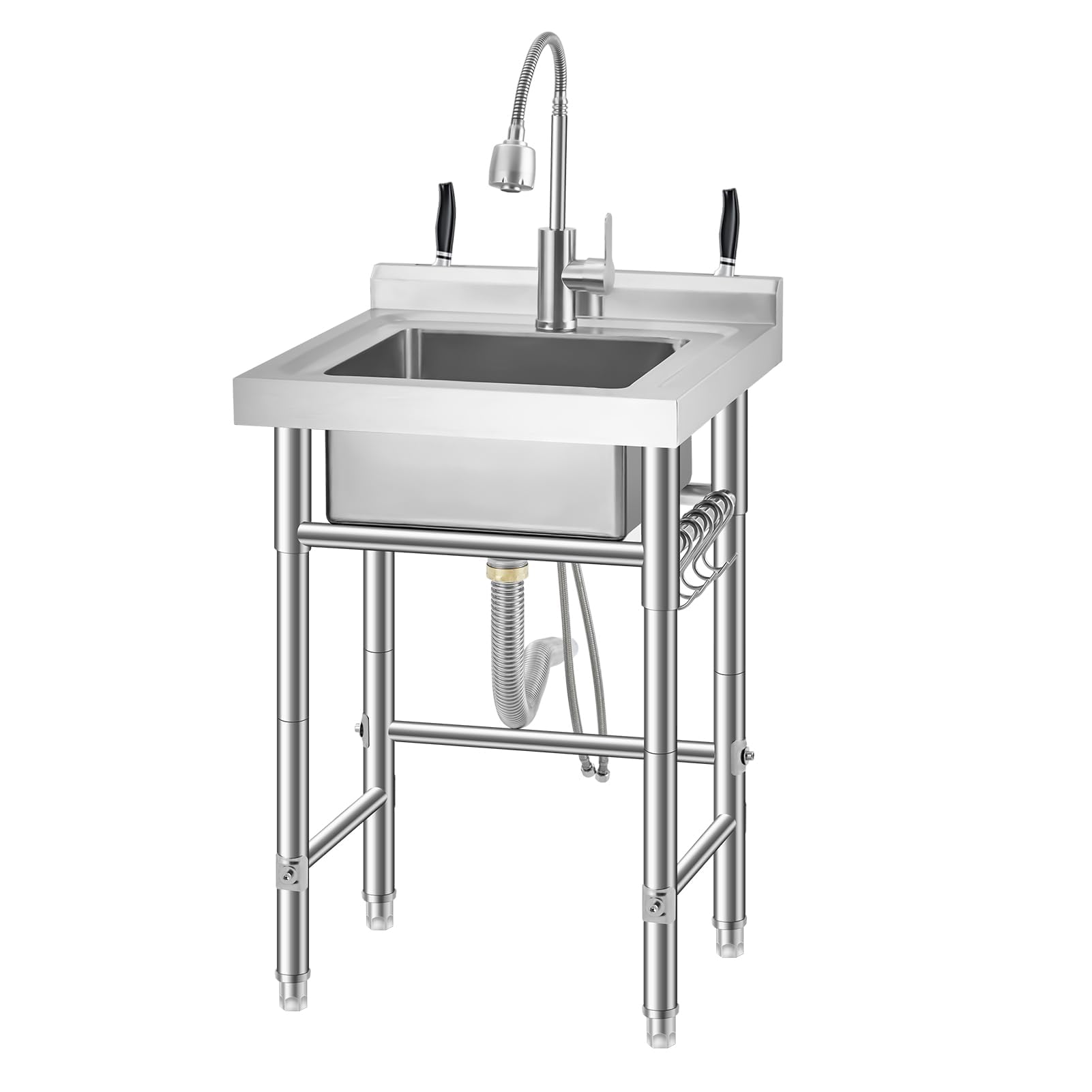 Garvee Stainless Steel Utility Sink with Faucet &amp; Storage Shelf, 304 Single Bowl Freestanding Sink with Adjustable Legs, S-Hooks, Hot &amp; Cold Water Pipes for Kitchen, Laundry, Garage, Farm, Outdoor Use