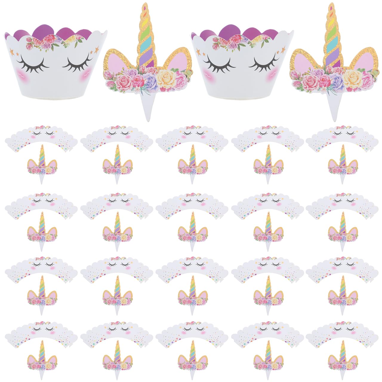 Amosfun Einhorn Cake Topper & Cupcake-Wrapper Set – 24-teilig, Für Geburtstag, Baby Shower, Kinderparty