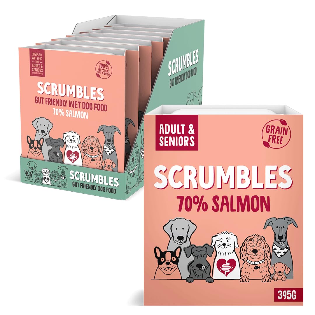 Scrumbles • Wet Dog Food • Hypoallergenic • All Lifestages • Salmon 70% • 2.76kg (7 Trays x 395g) • Natural Complete Adult Recipe • Gut Friendly Prebiotics