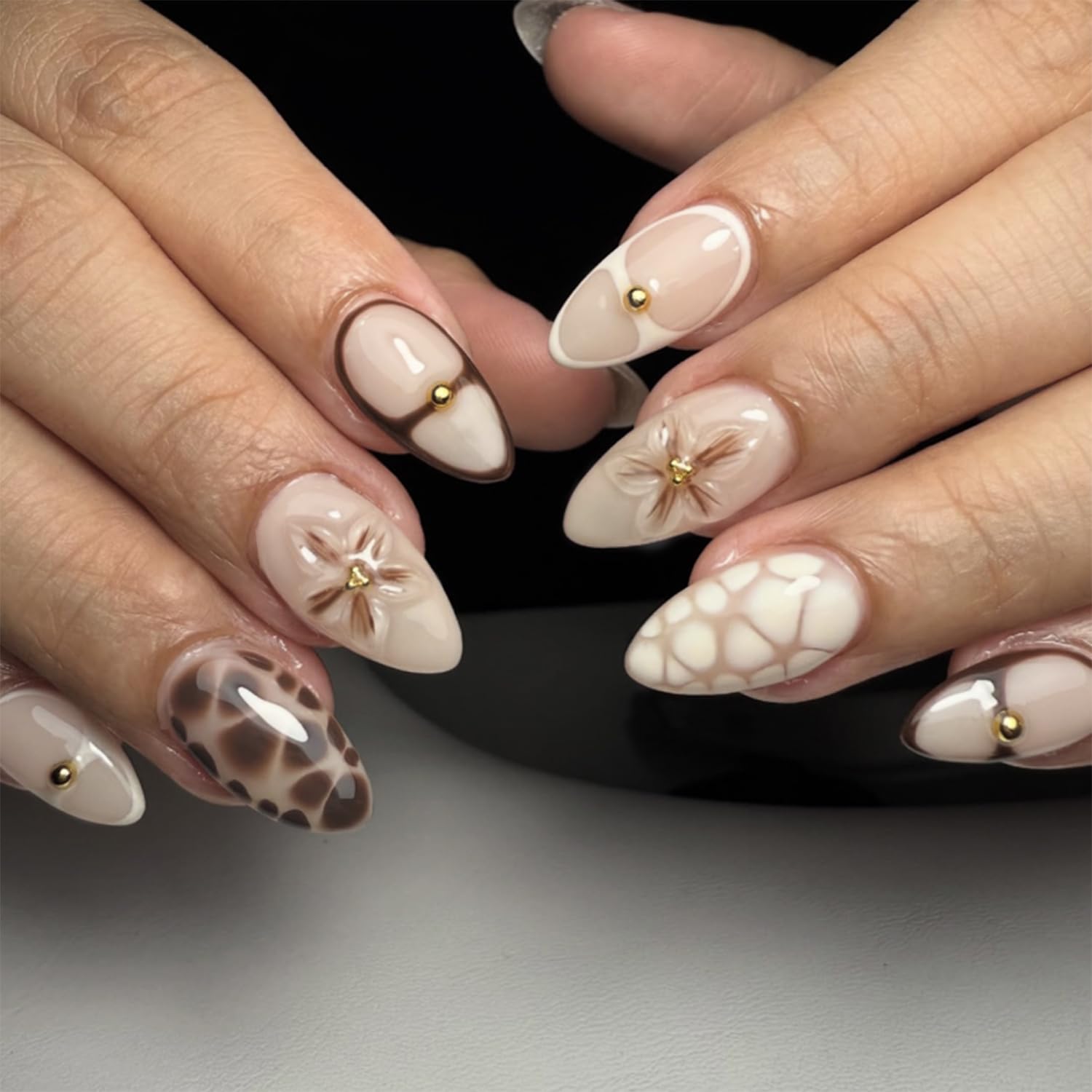 Secret Lives 3D Flower Almond Press-On Nails – Wearable Nail Art, Reusable & Stylish False Nails-image-5