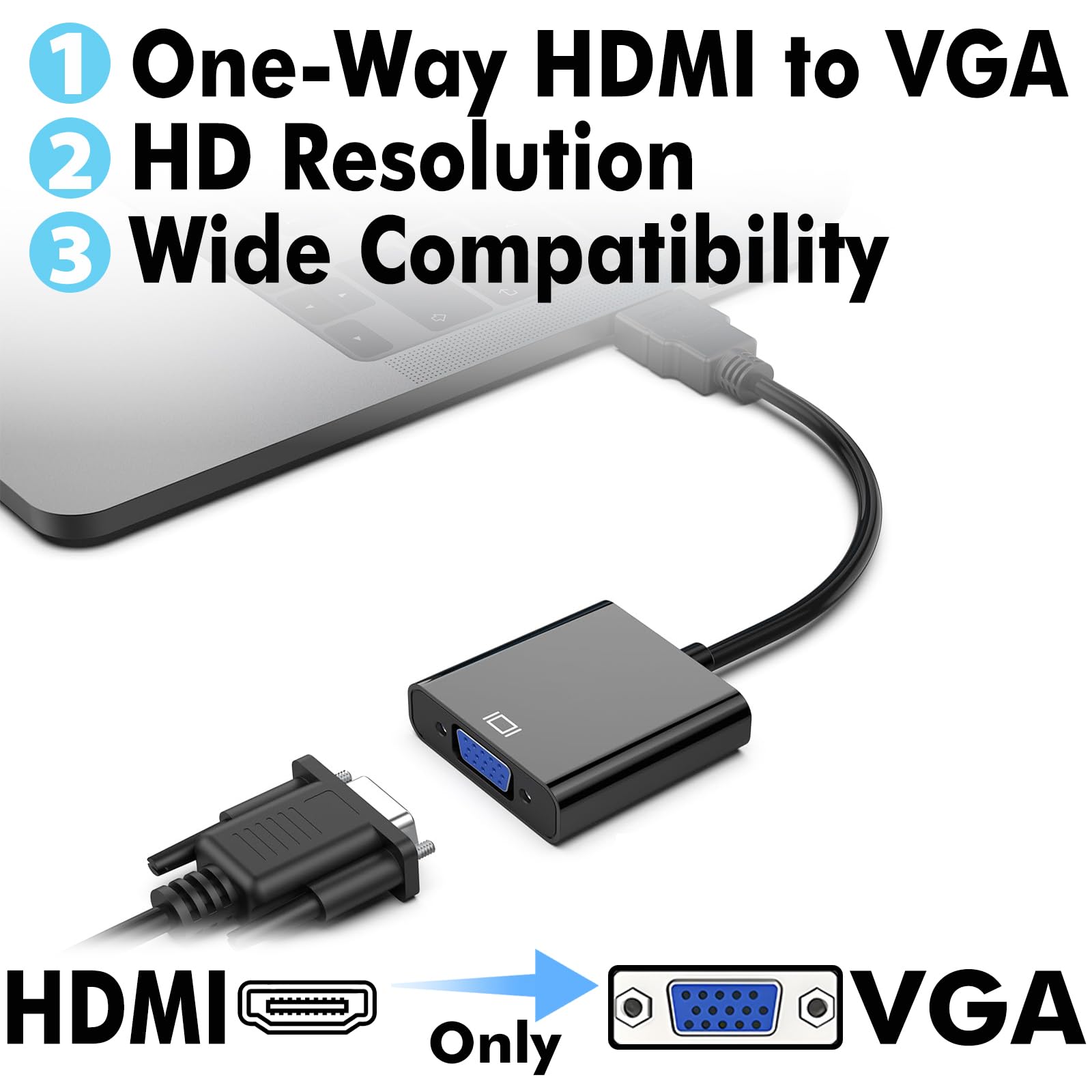 Cyberguys! VGA zu HDMI Adapterkabel - Unidirektional 1080P HDMI zu VGA Konverter für PC, Laptop, Xbox, Roku, TV Box - vergoldet, Plug & Play, Monitor kompatibel