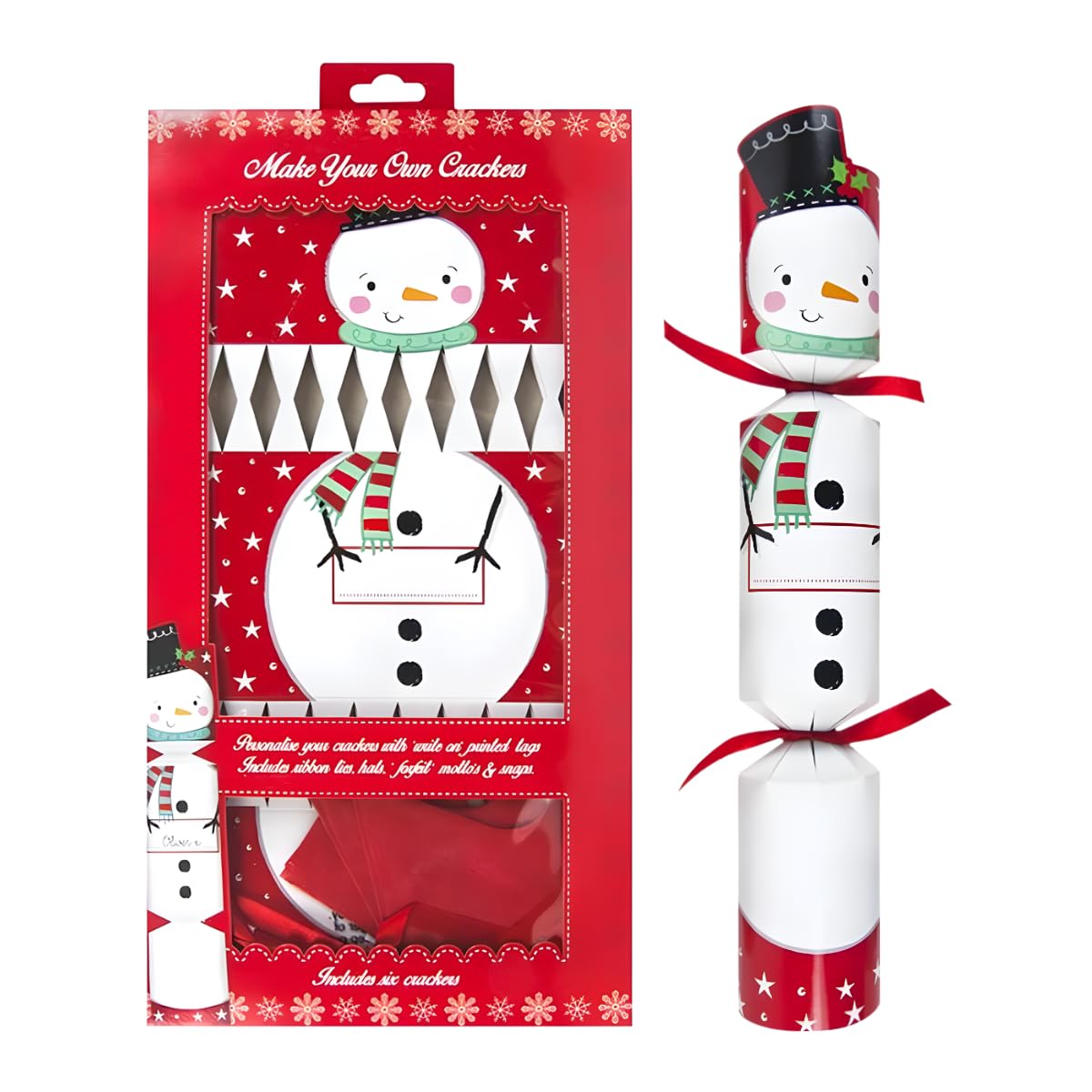 YöL Make Your Own Snowman Christmas Crackers Kit – DIY Personalised Crackers with Ribbons, Hats, Mottos, Snaps & Name Tags – Fun Family Craft Activity – Pack of 6 – 36.5 cm Paper Crackers