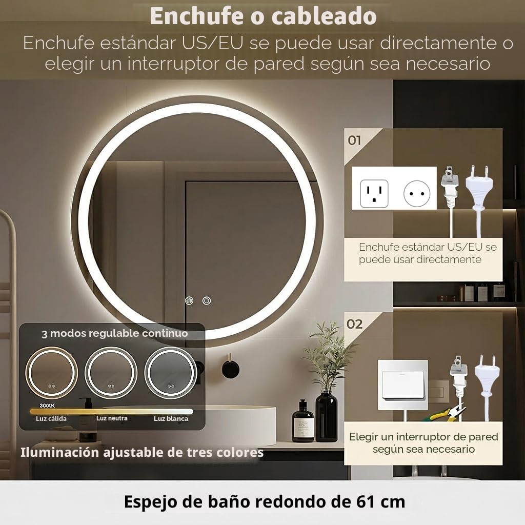 Espejo de Baño LED con Iluminación,Espejo Redondo con Iluminación,Espejo de Pared para Baño,3 Colores de Luz Regulables,Espejo de Baño con Interruptor Táctil y Antivaho,3000K-10000K (60cm)