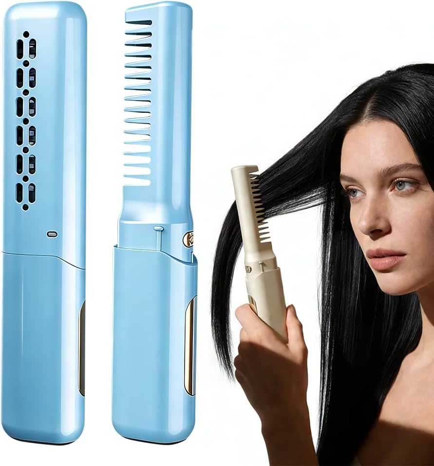 Upgraded Ceramic Hairdressing Comb Smooth, Portable Wireless 2-in-1 Hairs Dressing Combs for Straight and Curly Hairs,Fast Heat with 3 Adjustable Temperatures (Blue)