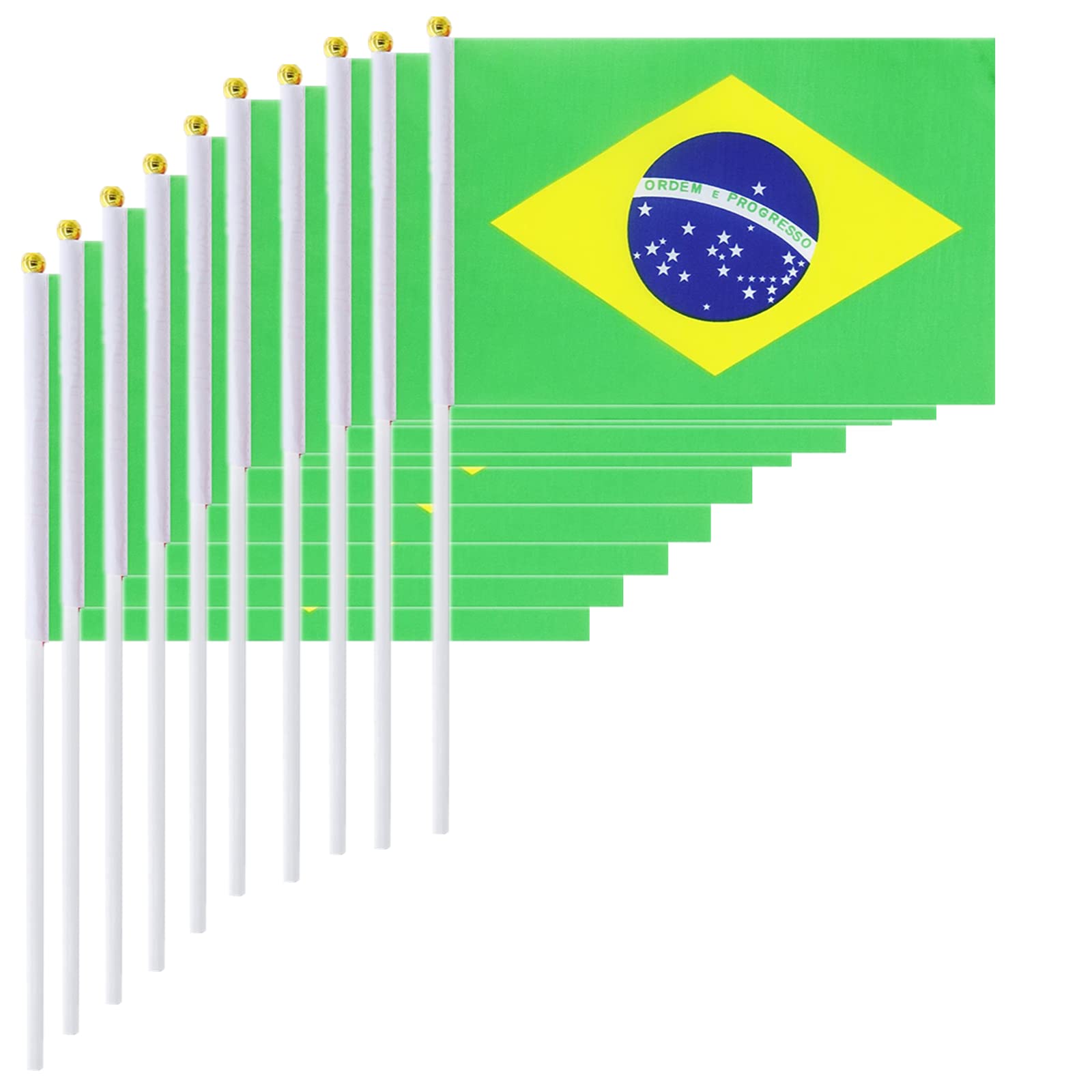 10pcs Brazil Hand Waving Flags - Brazil Flag - Mini Handheld Flag Hand Held Flag Stick Flag Round Top National Country Flags for Royal Event Party