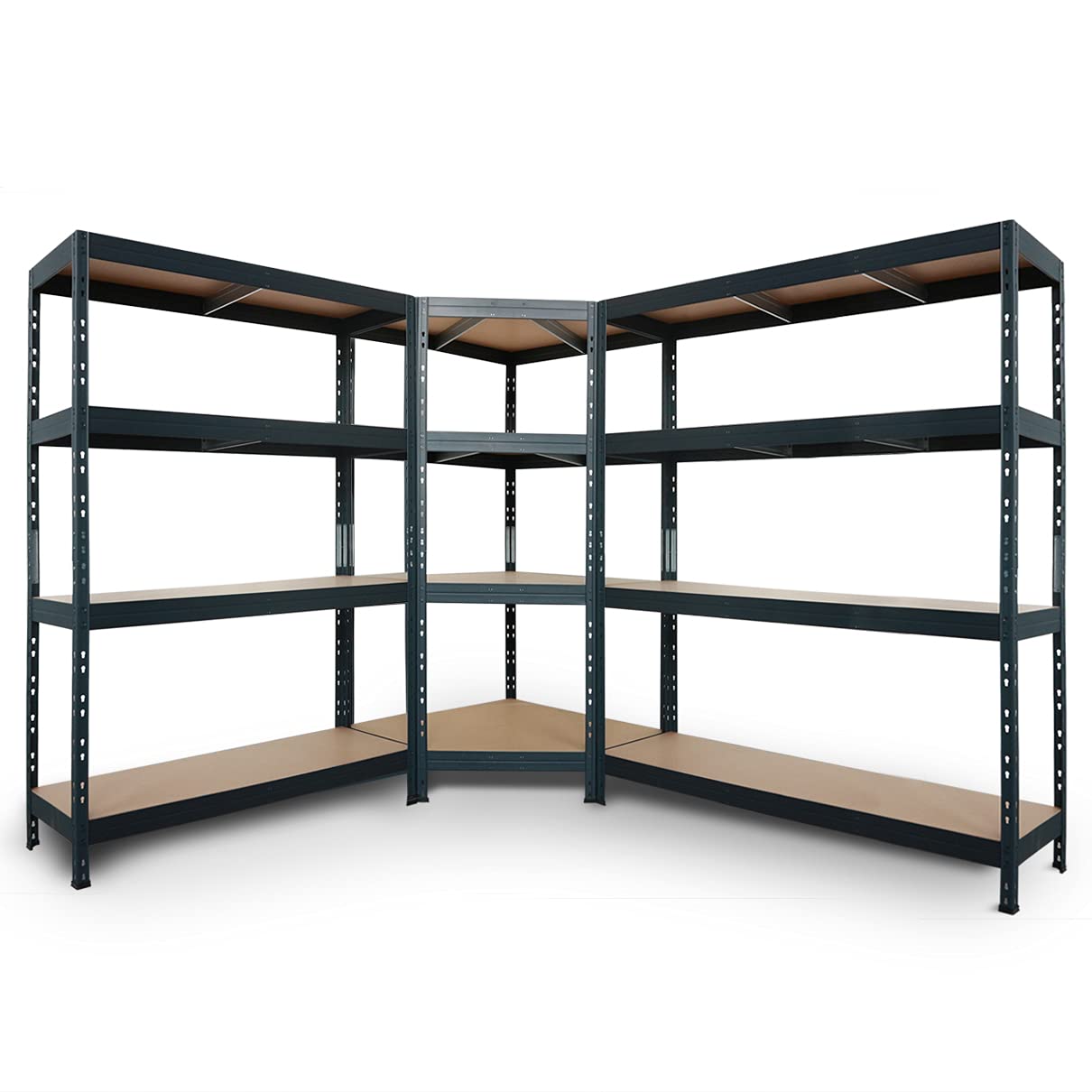 System Rivet do dużych obciążeń, kolor antracytowy: 1 regał narożny 180x90x45x64,5 cm + 2 regały wtykowe 180x120x45 i 180x150x45 cm, 4 półki HDF, 250 kg na półkę