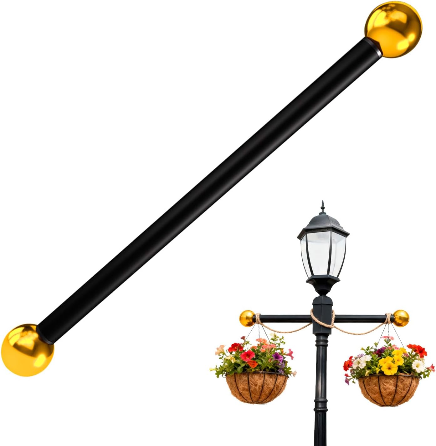 Lamp Post Cross Arm 22", Steel Pole Arm with Gold Stainless Steel Threaded End Caps, Outdoor Lamp Post Accessory for Hanging Flower Baskets, Signs, Banners & Decorations