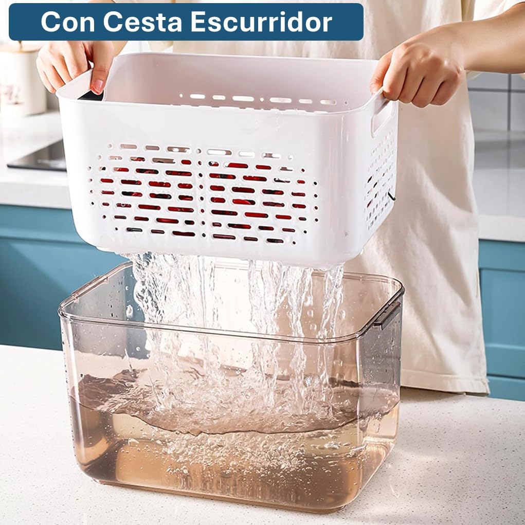 Katalia Organizador Nevera Frigorifico Cocina Multifuncional Cesta Escurridor y Almacenamiento de Alimentos con Tapa Material Resistente BPA-Free Transparente y Gris