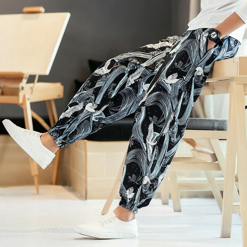 Pantalon long décontracté avec imprimé asiatique et coupe ample fluide - 6