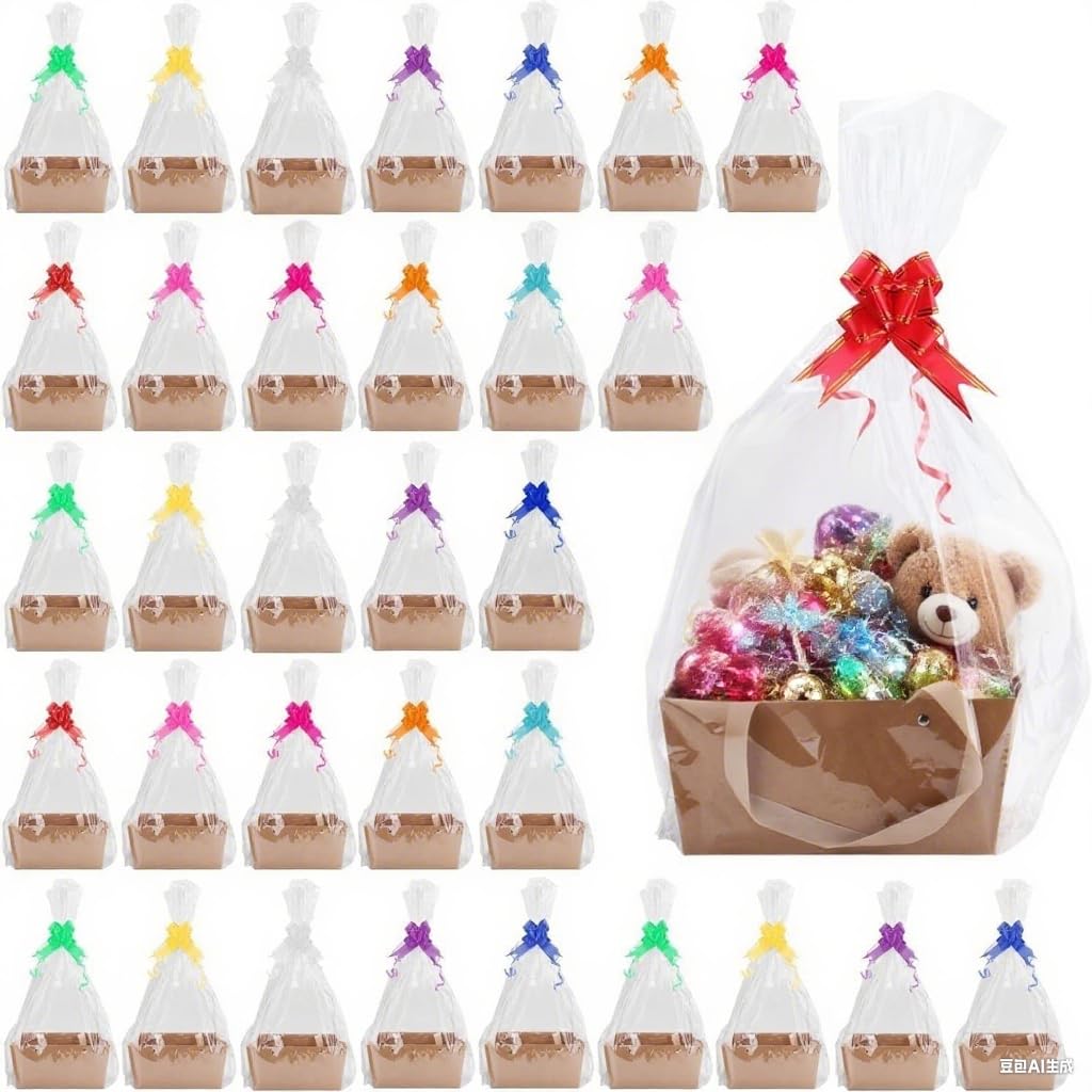 32 cestas vacías para regalos, kit de cesta de regalo a granel con asas con 32 bolsas, bandeja de mercado de 32 lazos para paquetes de regalo, aniversario, cumpleaños, boda, fiesta de regalo (9.8 x