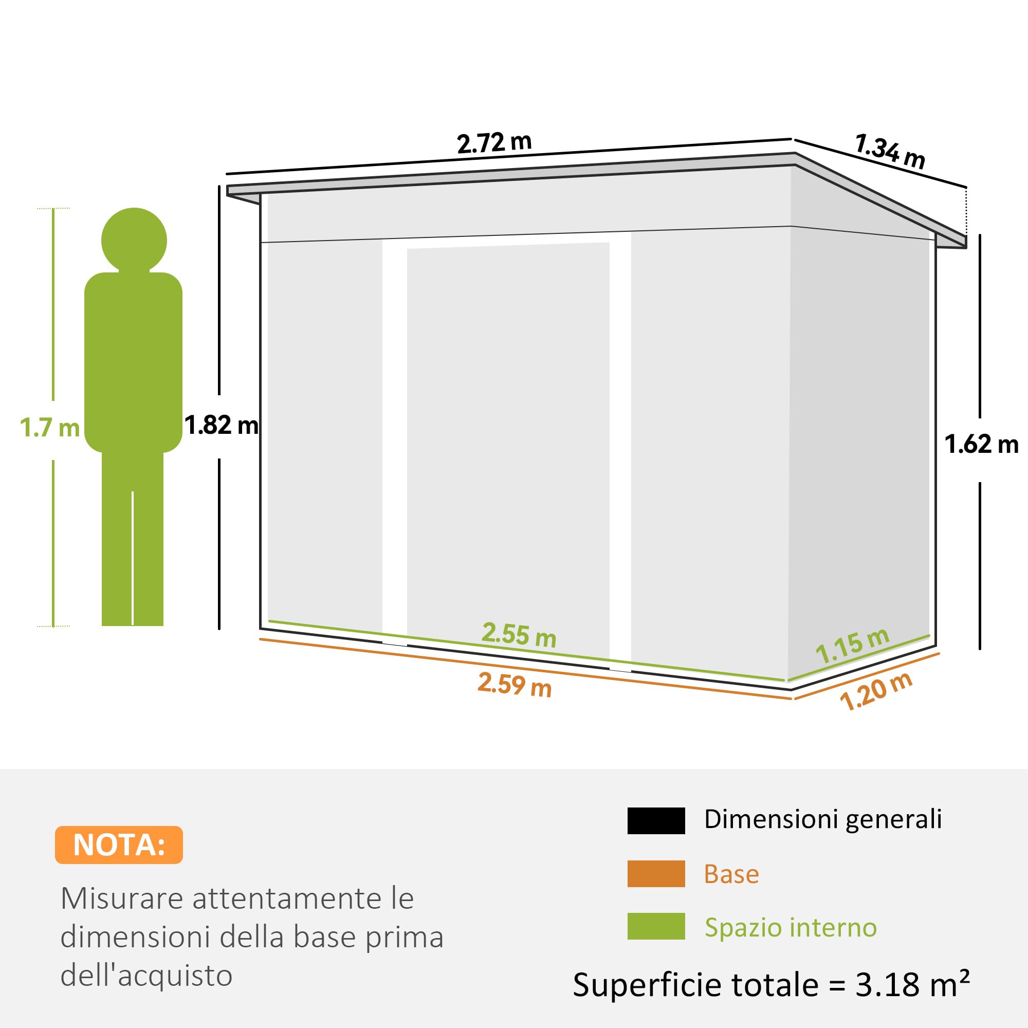 Outsunny Casetta da Giardino con Prese d'Aria 272x134x182 cm Verde Scuro