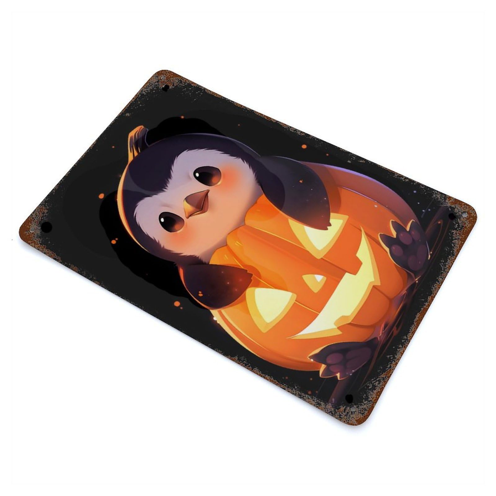Vintage Rust Metal Sign Penguin in Pumpkin 11.8"x7.9", Decorative Metal Wall Art for Basement, Hobby Room And Garage Decor