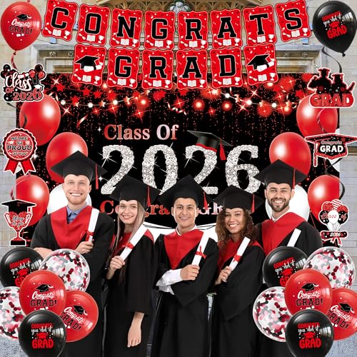 Image of DARUNAXY Black Red Graduation Party Decorations, Red Class of 2026 Graduation Banner, 2026 Congrats Grad Honeycomb Hanging Swirl Confetti Balloon Congratulations Graduates Party Supplies(25PC)