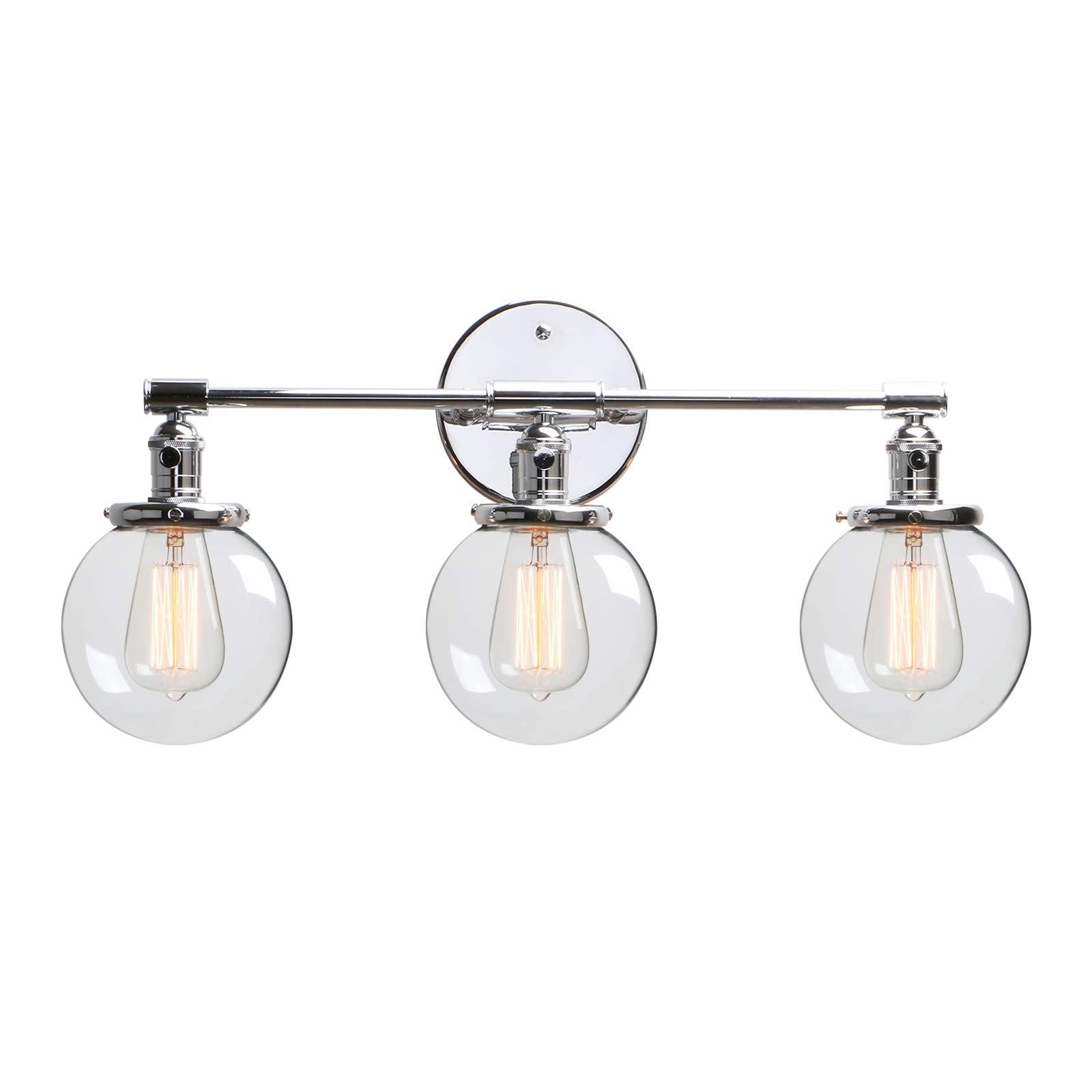 Phansthy Retro Industrial Wall Light, 3 Head Wall Lamp with Switch, Globe Clear Glass Shade Wall Lamps, E27 Socket Sconces Fittings Vanity Mirror Light Fixtures, for Kitchen Dining Room (Chrome)