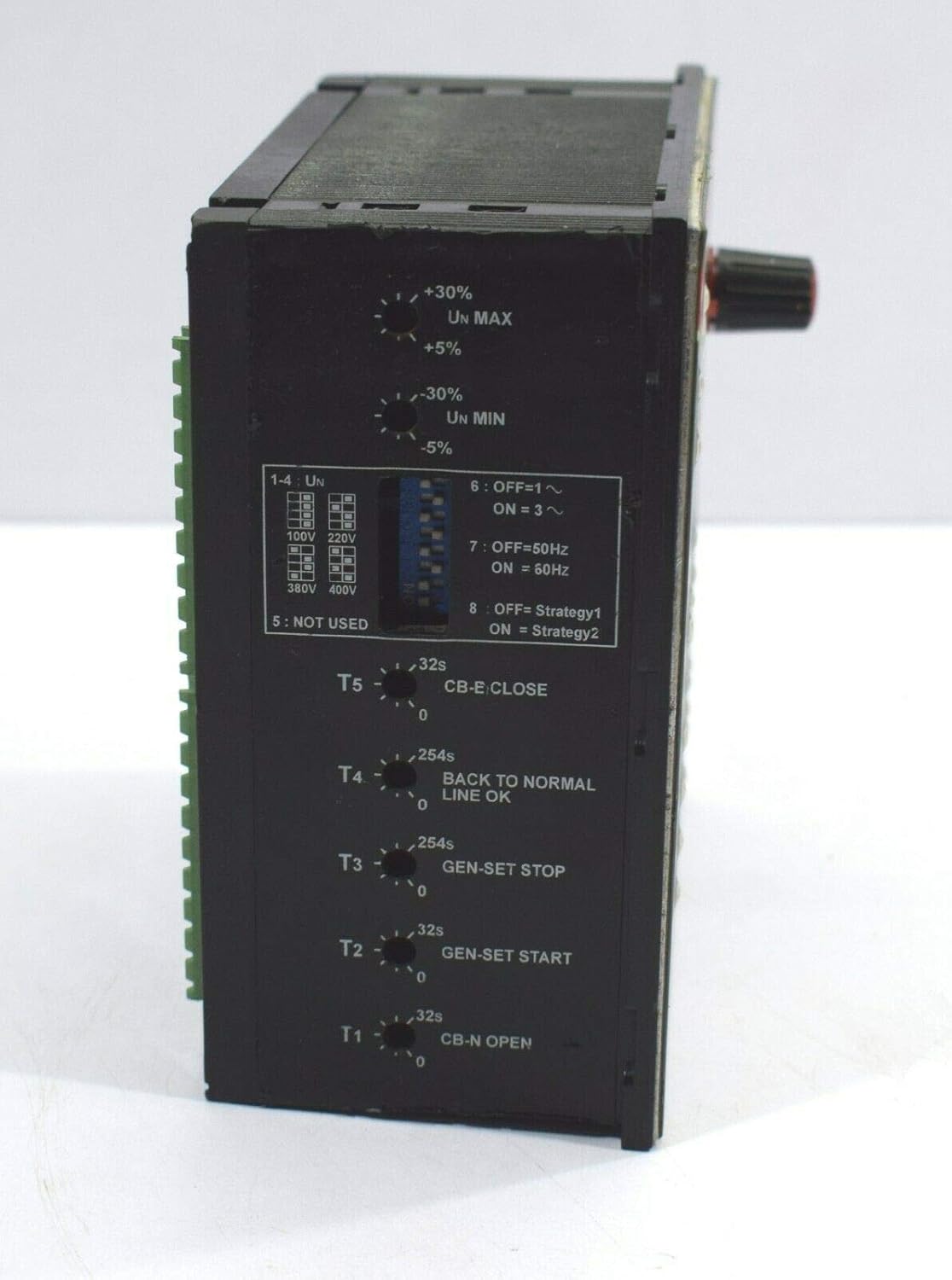 Side view of the ABB ATS010, showing dip switches for voltage and frequency settings, and rotary knobs for adjustable timers (T1-T5).