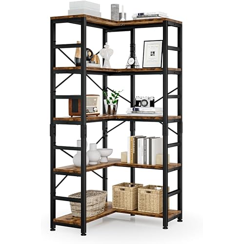 NUMENN 5 Tier Corner Bookshelf, Modern Corner Bookcase, Large Open Shelf Bookcase, Tall Bookshelves Storage Display Rack for Bedroom, Living Room and Home Office, Vintage