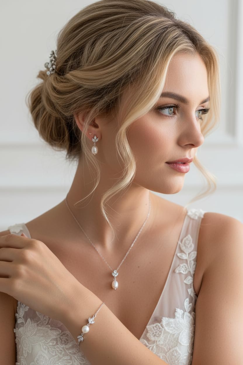 Silber Perlen Schmuckset 3-teilig Halskette Ohrringe Armband Zirkonia Strass Brautschmuck Hochzeit Kommunion Abiball