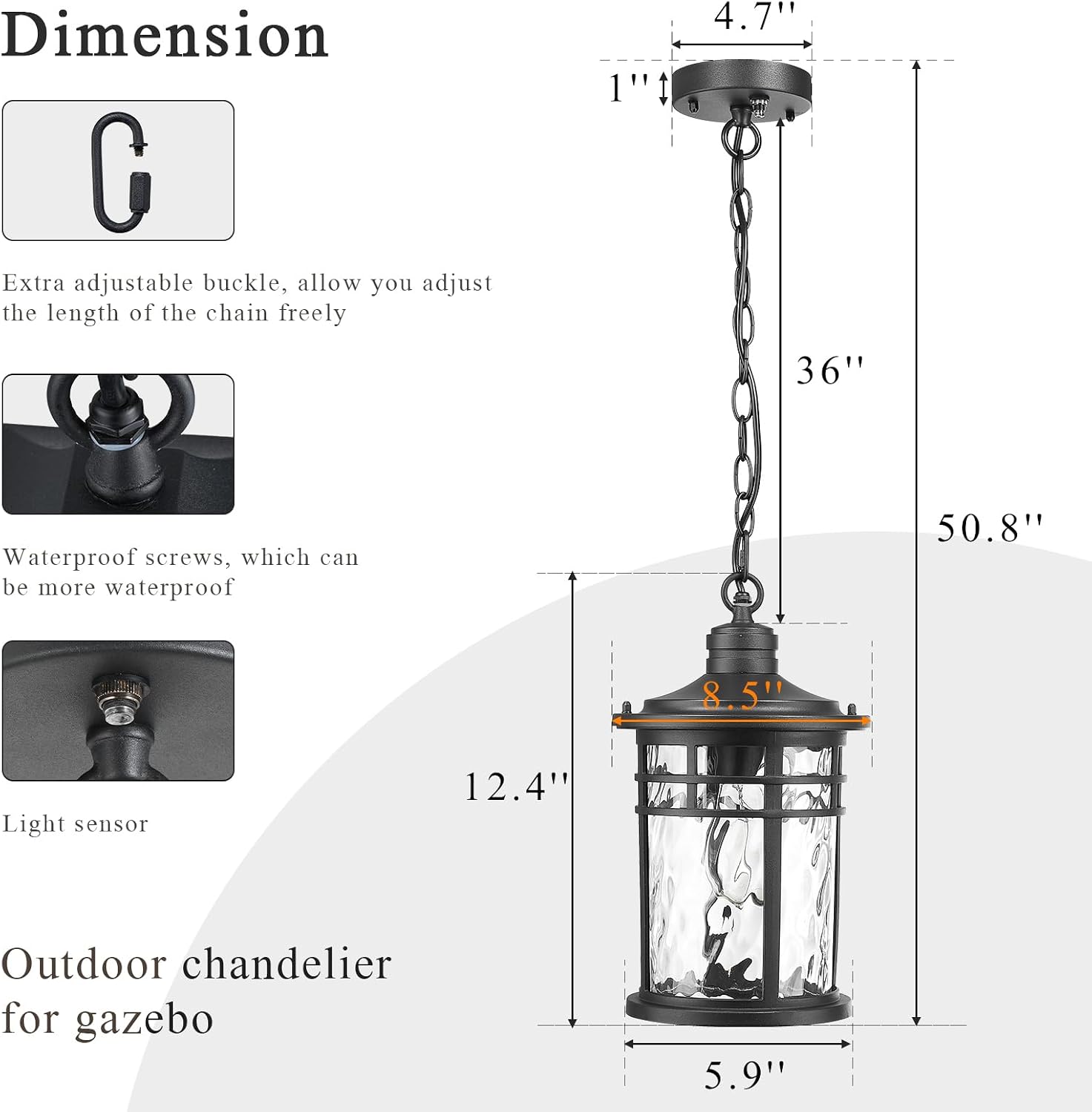 Large Hanging Porch Light 12.4 Inch Dusk to Dawn Outdoor Pendant Light with Water Ripple Glass Waterproof Outdoor Hanging Lantern Light with Adjustable Chain E26 Socket