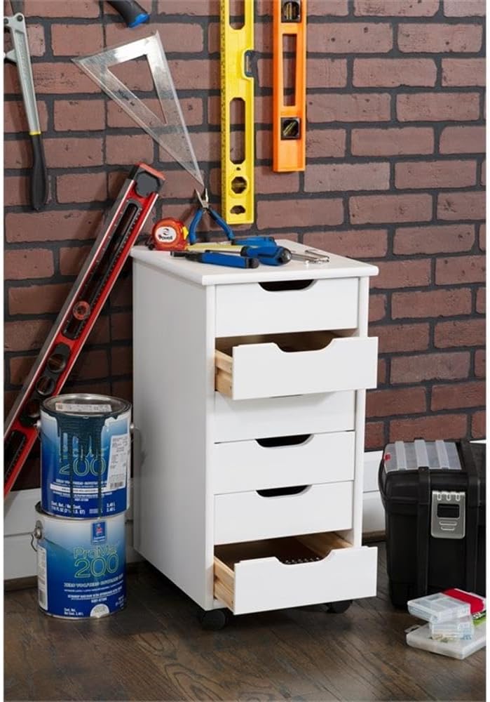 Riverbay Furniture Six Drawer Wood Rolling Storage Cart, White Wash Finish, 13.39"w x 15.35"d x 25.75"h, Mobile Design with Contoured Handle Cut Outs, Versatile Organizer for Office, Kitchen, or