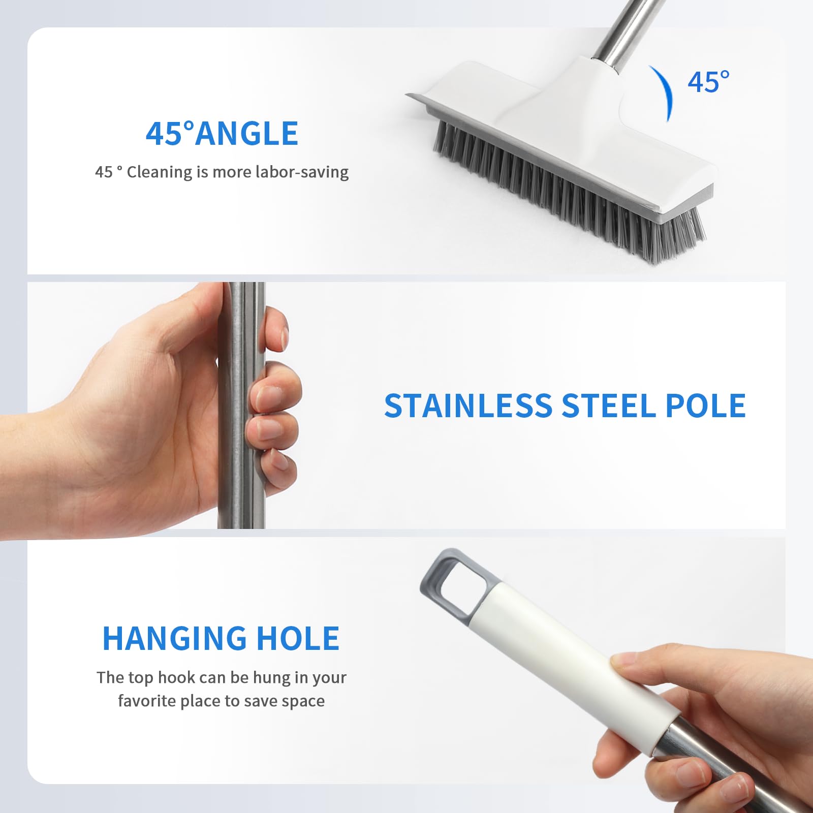 Newthinking Stainless Steel Long Handle Scrubbing Brush, 2In1 Multi-Functional Floor Scrub Brush With Long Handle And Water Wiper For Bathroom Indoor Floor, 43Inch 1