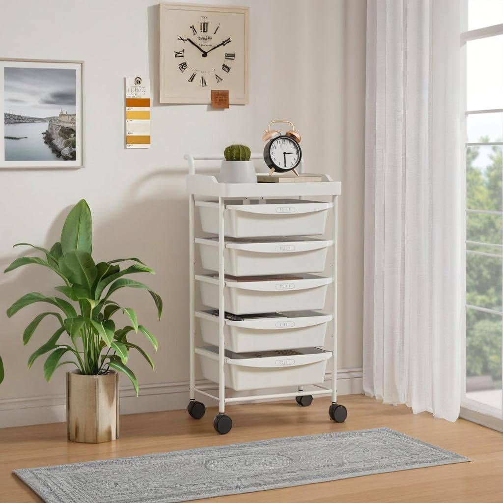 Carrello multiuso con 5 cassetti, carrello con cassetti e piano del tavolo, carrello multiuso con ruote bloccabili, organizer per soggiorno, camera da letto, ufficio, scuola, bianco