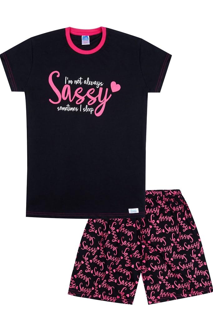 ThePyjamaFactory Girls I'm Not Always SASSY Sometimes I Sleep Cotton Short Pyjama Set (9-10 Years) Black