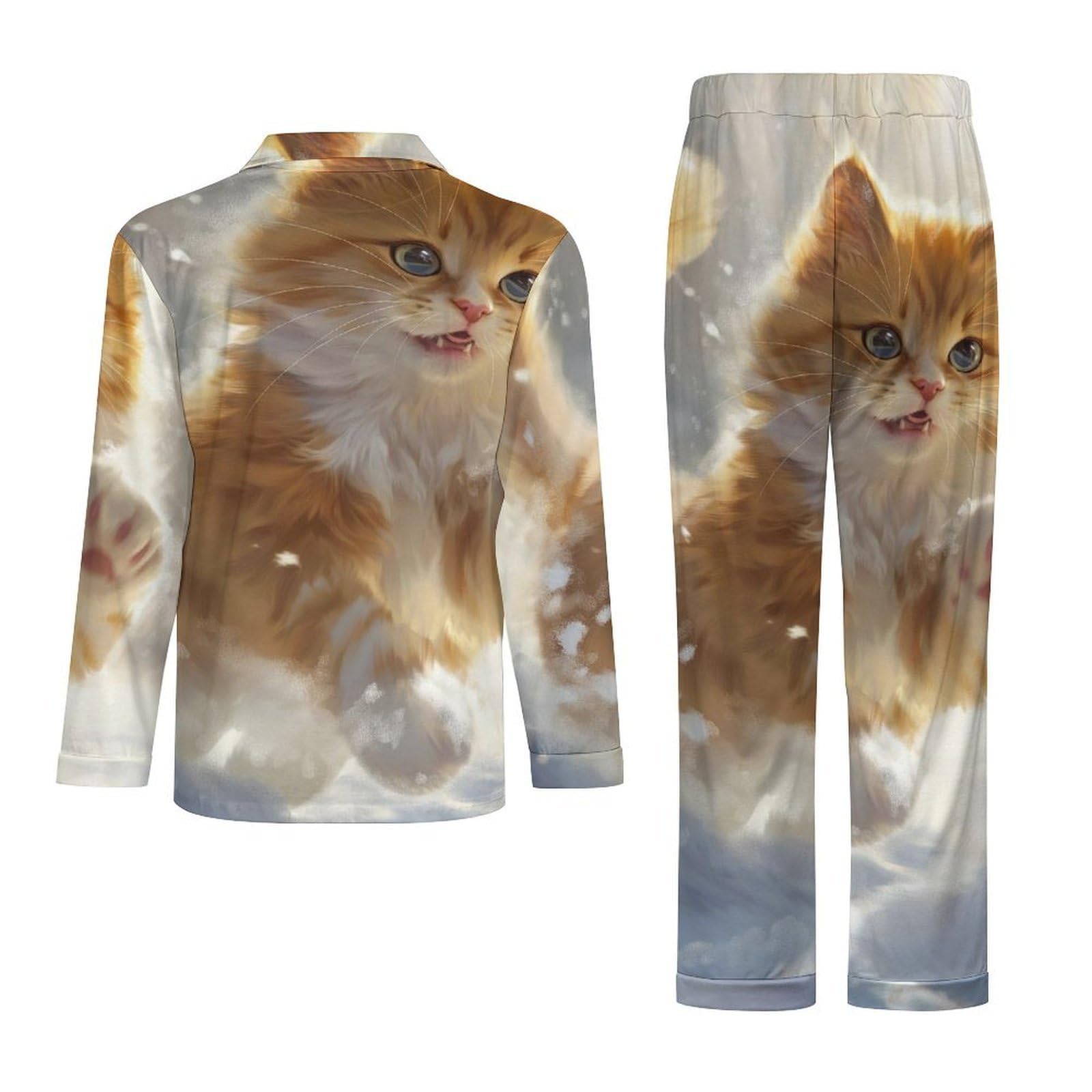 OLEETS Completo Pigiama da Uomo 2 Pezzi - Gatto delle Nevi Pigiama Invernale Completo con Top E Pantaloni 2 Pezzi Morbido E Confortevole Casual da Notte