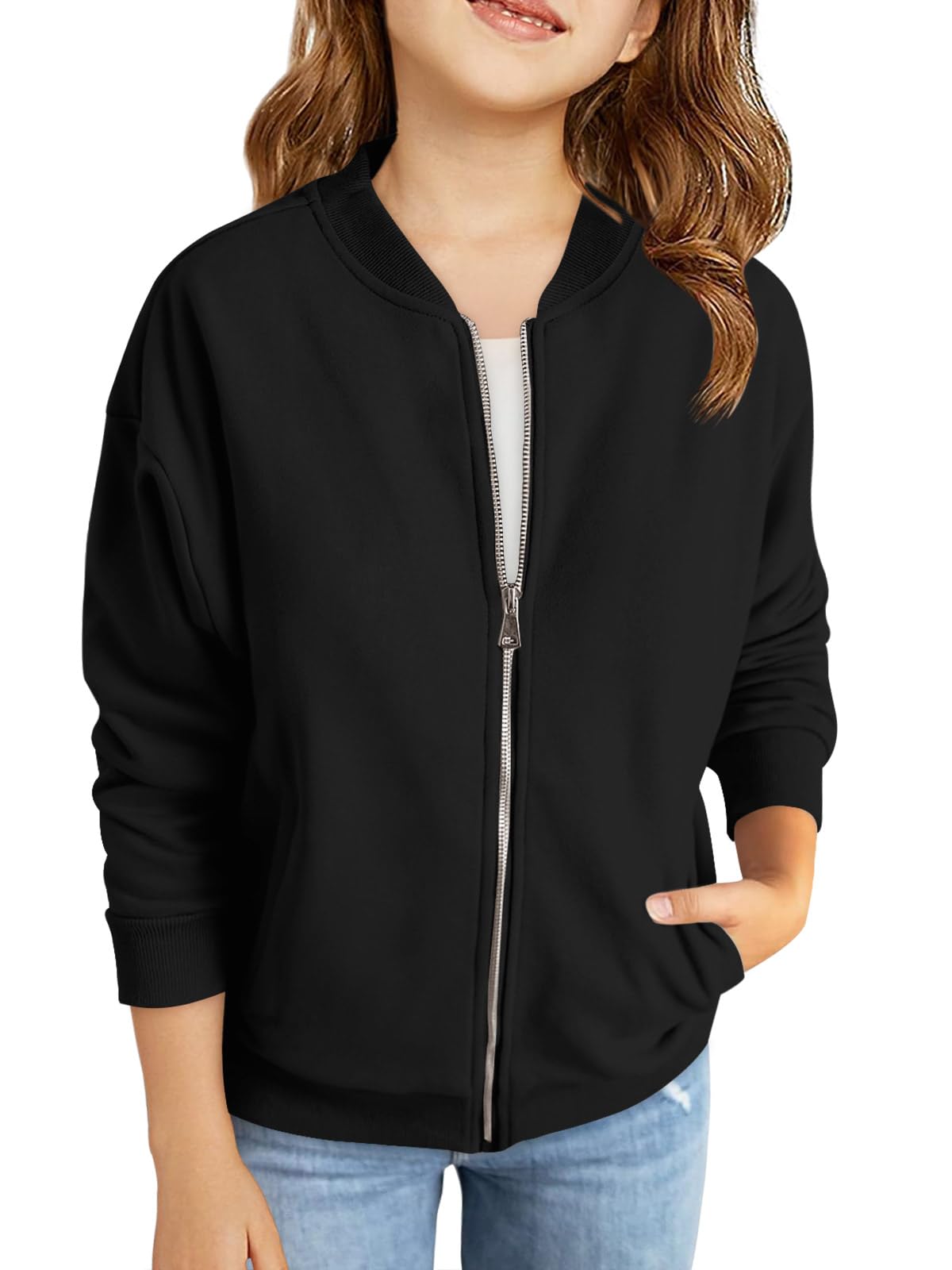 Haloumoning Girls Zip Up Jackets Kids Fall Long Sleeve Sweatshirts Outerwear with Pockets 5-14 years