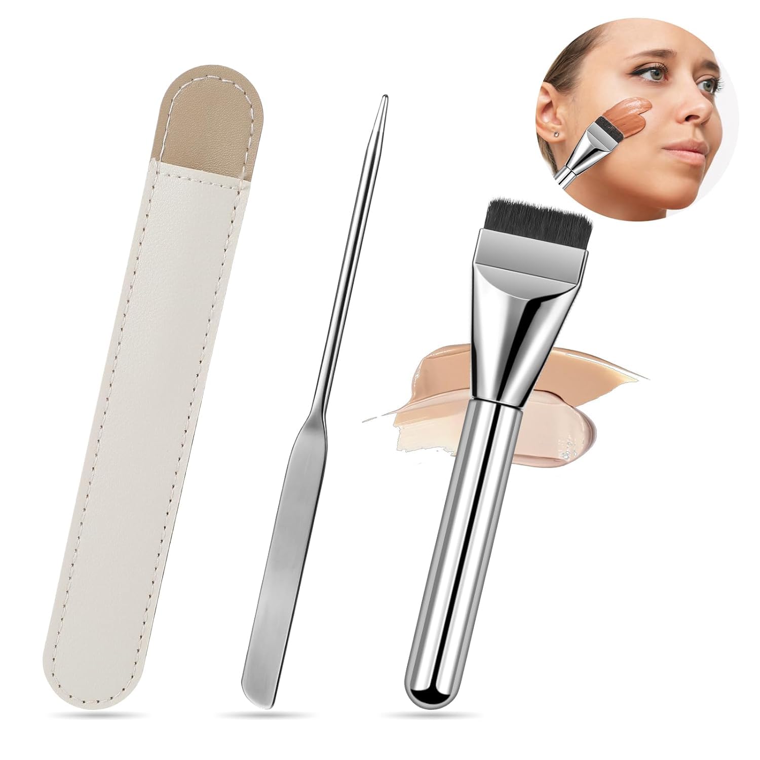 Tazweeq Foundation Brush and Make Up Spatula Tool Stainless Steel,Thin Blade Foundation Makeup Brush, Facial Cosmetic Makeup Tool for Professional and Beginner, Mixing Stick Spatula (Silver)