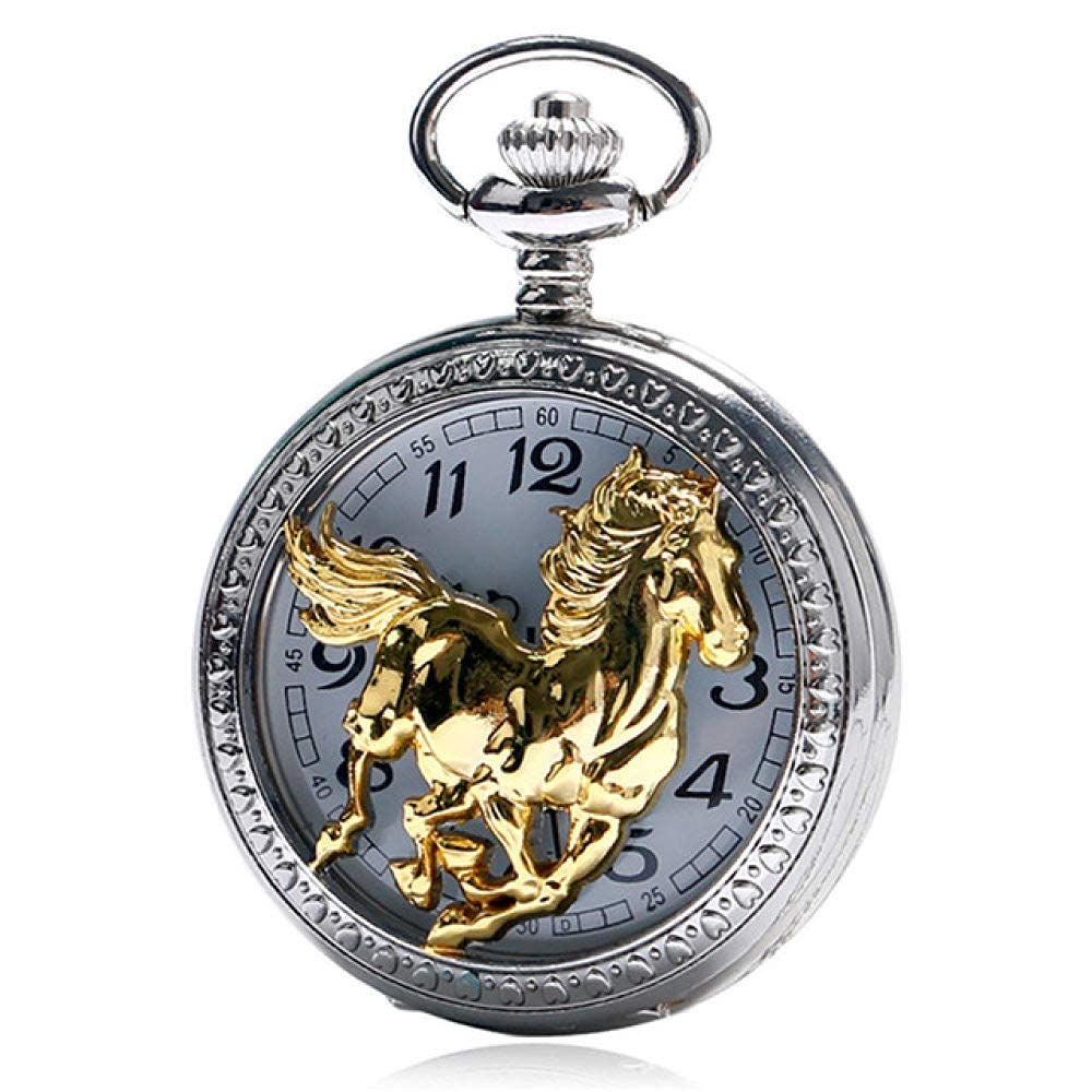 Montre de poche à gousset rétro en bronze avec motif cheval et chaîne collier