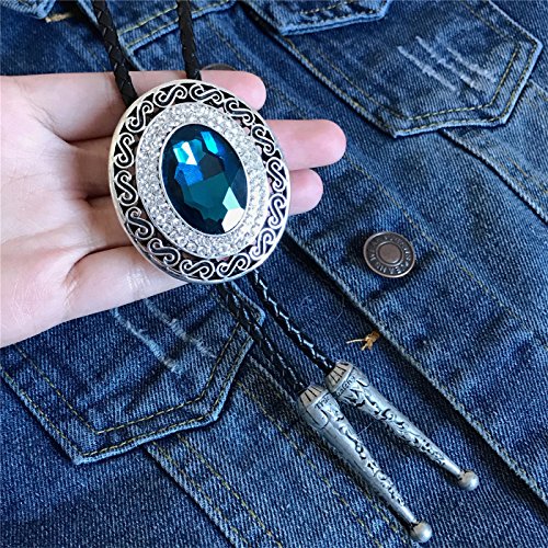 SELOVO Western Big Blue Rhinestone Statement Native American Bolo Tie for Men Genuine Leather - Thumbnail 2