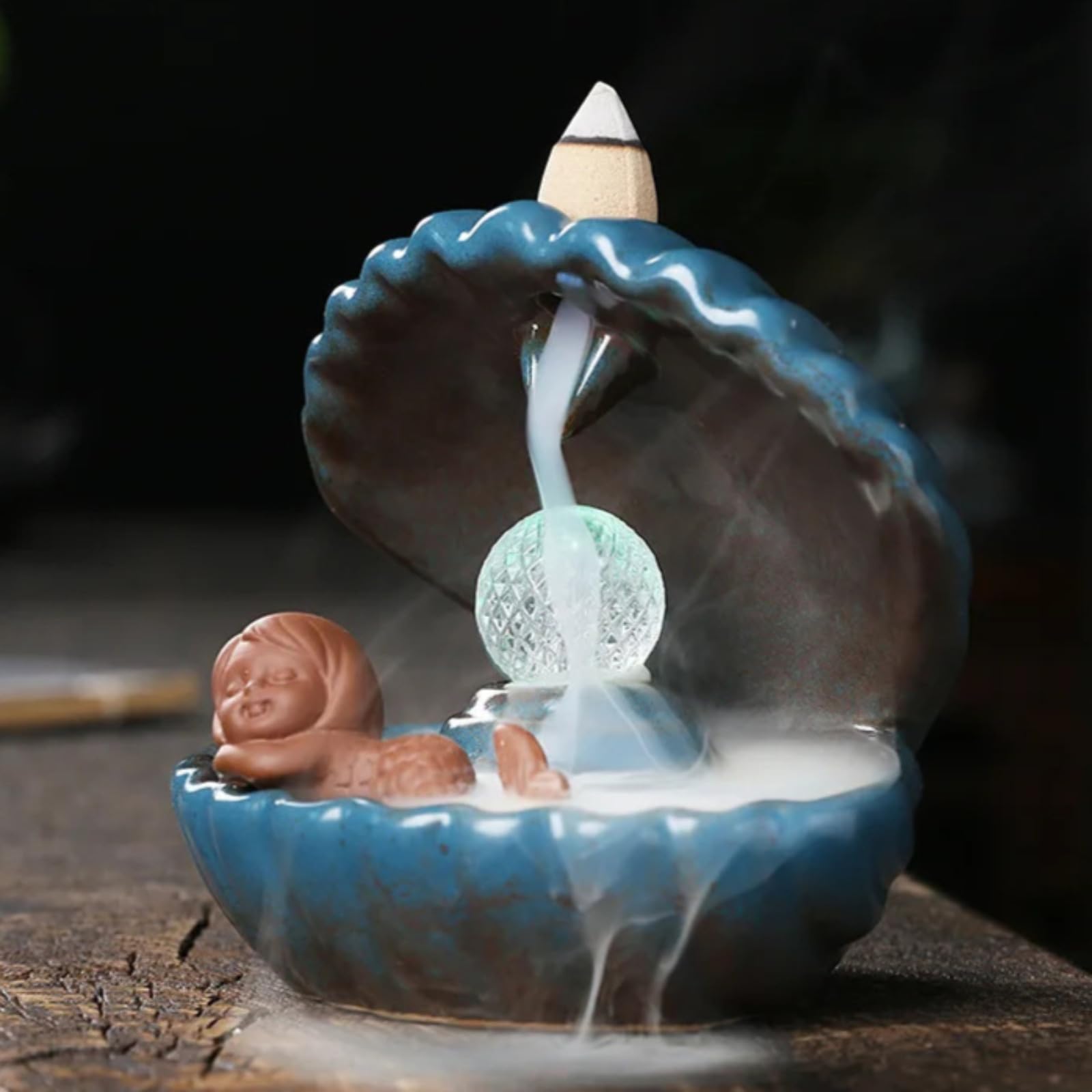 Brûleur d'encens à refoulement coquillage bleu cadeau déco original 10cm