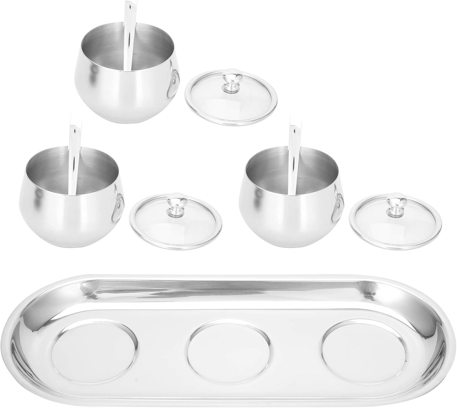 3Pcs 304 Stainless Steel Seasoning Box, Visible Pot Container with Tempered Glass Lid and Spoon, Elegant Kitchen Organizer for Salt Sugar