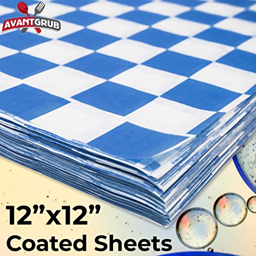 Image of Avant Grub Deli Paper 300 Sheets. Turn Your Backyard Cookout Party into Oktoberfest with Blue & White Checkered Food Wrapping Papers. Grease-Resistant 12x12 Sandwich Wrap Prevents Food Stains!