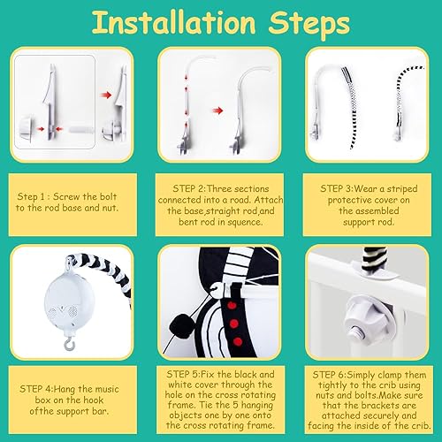 Miniatura 5 de Móvil para cuna de bebé, móvil de bebé para cuna con espejo, juguete móvil de alto contraste en blanco y negro para bebés recién nacidos, niños y