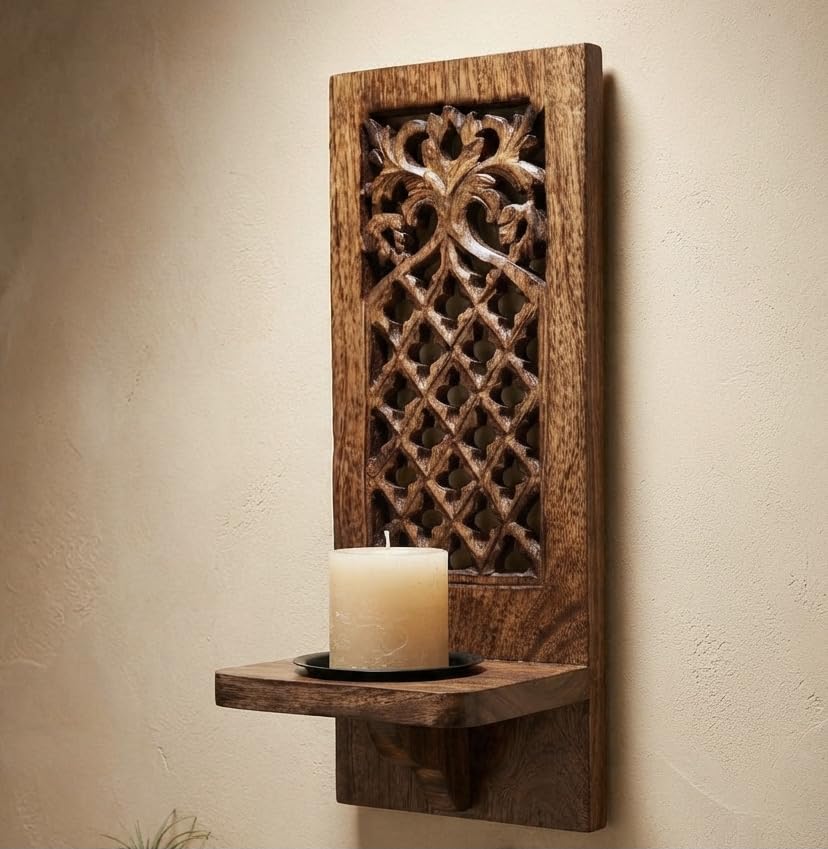 Handcrafted Wooden Wall Candle Holder - Moroccan Style -1