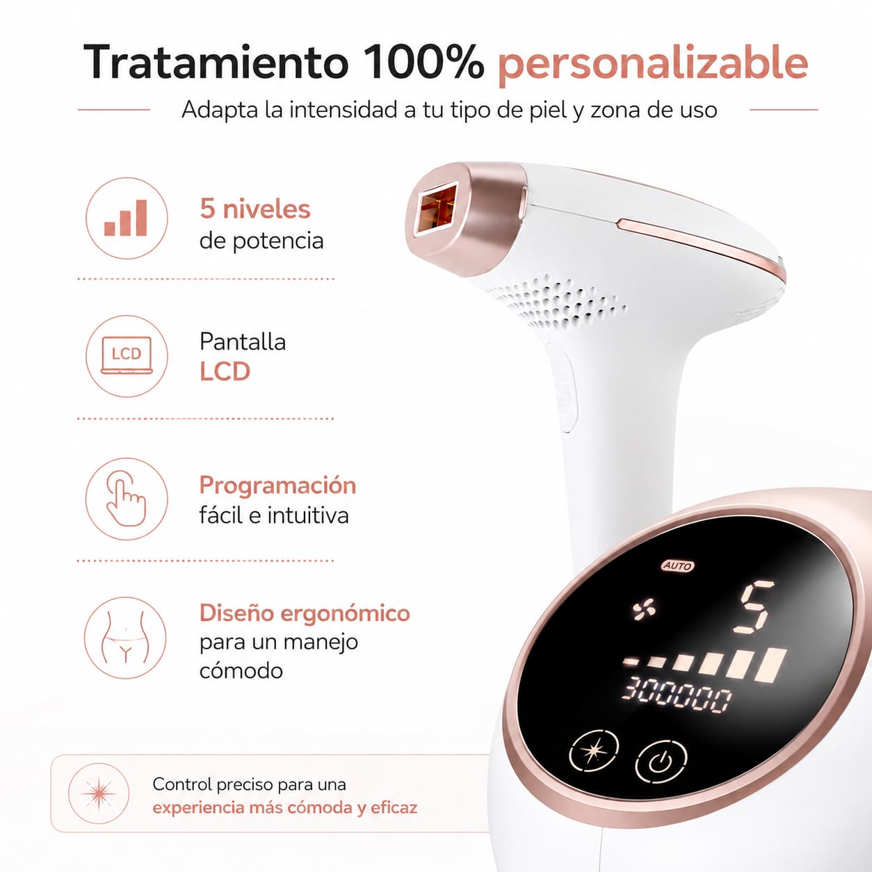 Postquam - Depilador Láser Infinium Pro - Eliminación Permanente Vello - Tecnología IPL - 300.000 Pulsaciones - 5 Niveles Intensidad - Seguro, Indoloro, Ergonómico - Cuerpo y Rostro - Área 3 cm²
