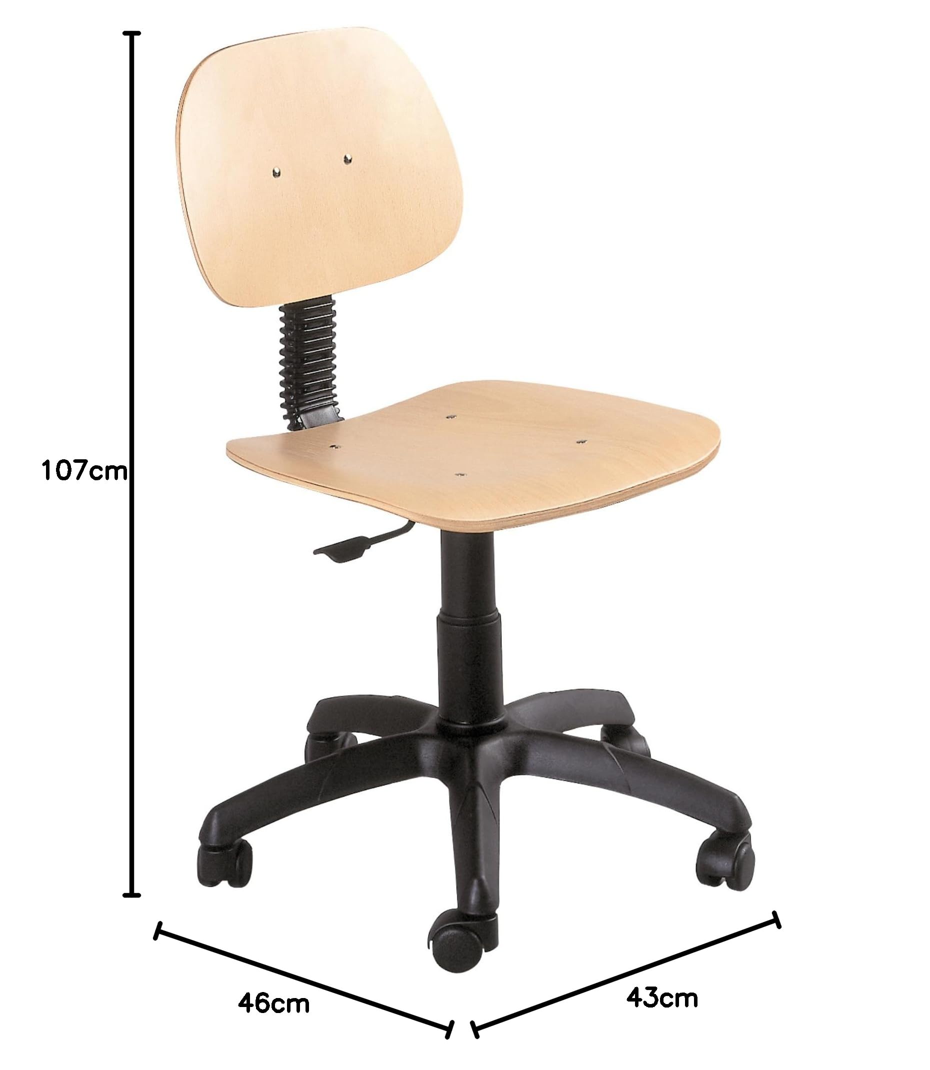 Topsit Arbeitsstuhl IND103 aus Holz, Buche klar lackiert, Stufenlose Sitzhöhenverstellung mit Toplift und Kunststoff-Fußkreuz