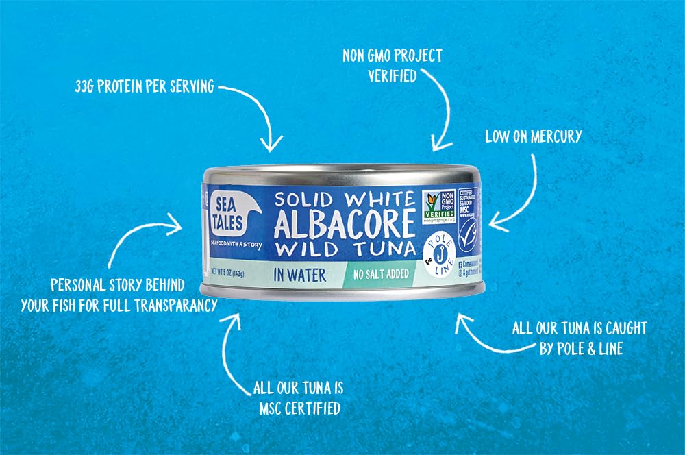 Sea Tales Solid White Albacore Canned Tuna in Water - No Salt Added - 100% Pole & Line Wild Sustainably Caught - BPA Free - High Protein Food - Keto Friendly - 5 oz. Cans (Pack of 12)