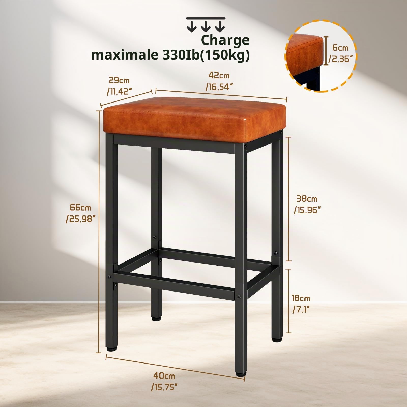 YMYNY Tabouret Bar, 66 cm Tabouret de Bar Lot de 2, Brun Caramel Chaise de Bar, Cuir PU Tabourets de Bar, 6 cm Siège Rembourré, Cadre en métal, Chaise Haute Bar, Chaise Haute Cuisine, HBS513J