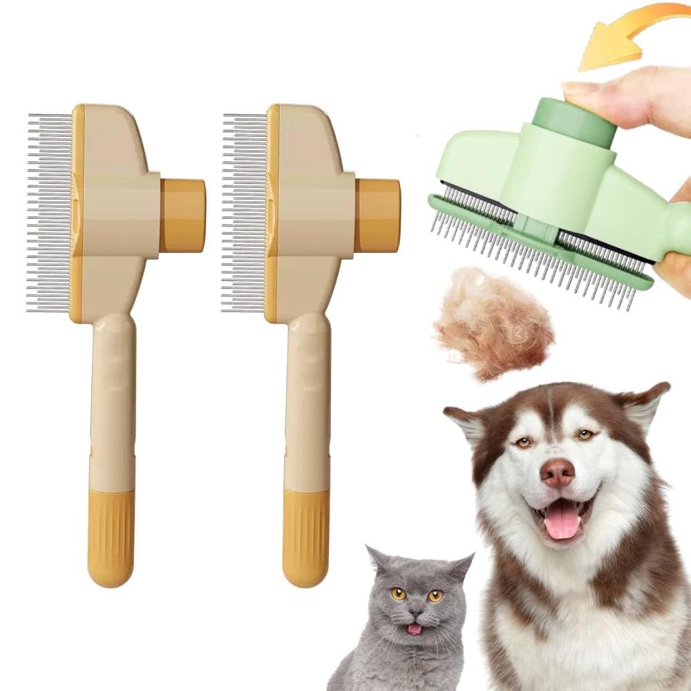 Updated Cat Brush for Short Haired Cats,Self-Cleaning Flea Comb for Cats and Dogs,Cat Grooming Brush for Shedding and Tangles - Durable Stainless Steel Pet Hair Removal Comb (2Pcs,Yellow)