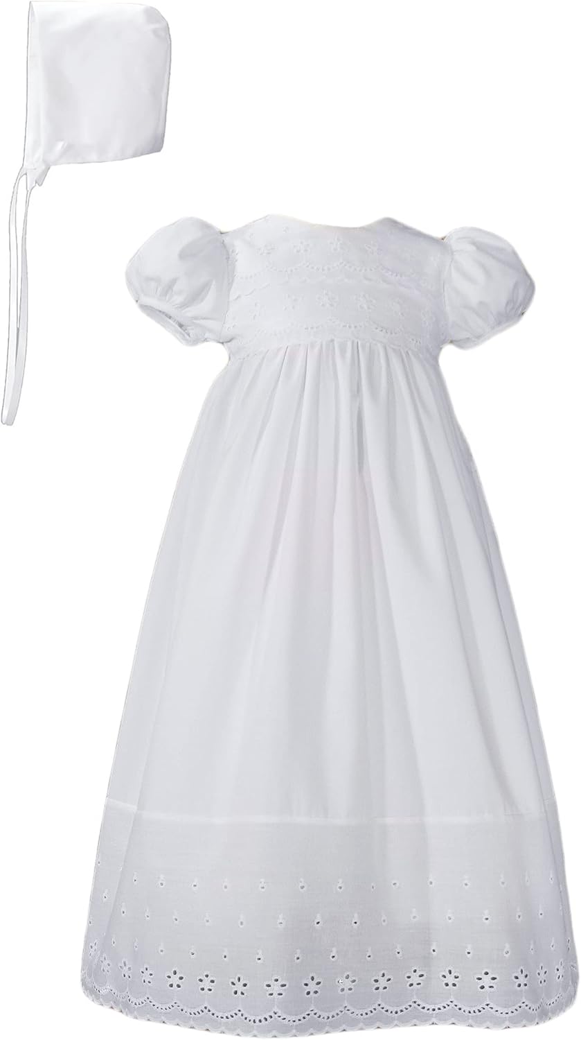 White Cotton Christening Baptism Gown with Lace Border with Bonnet