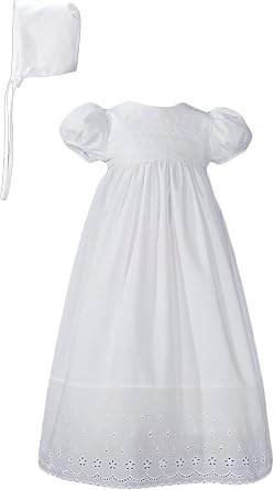 White Cotton Christening Baptism Gown with Lace Border with Bonnet