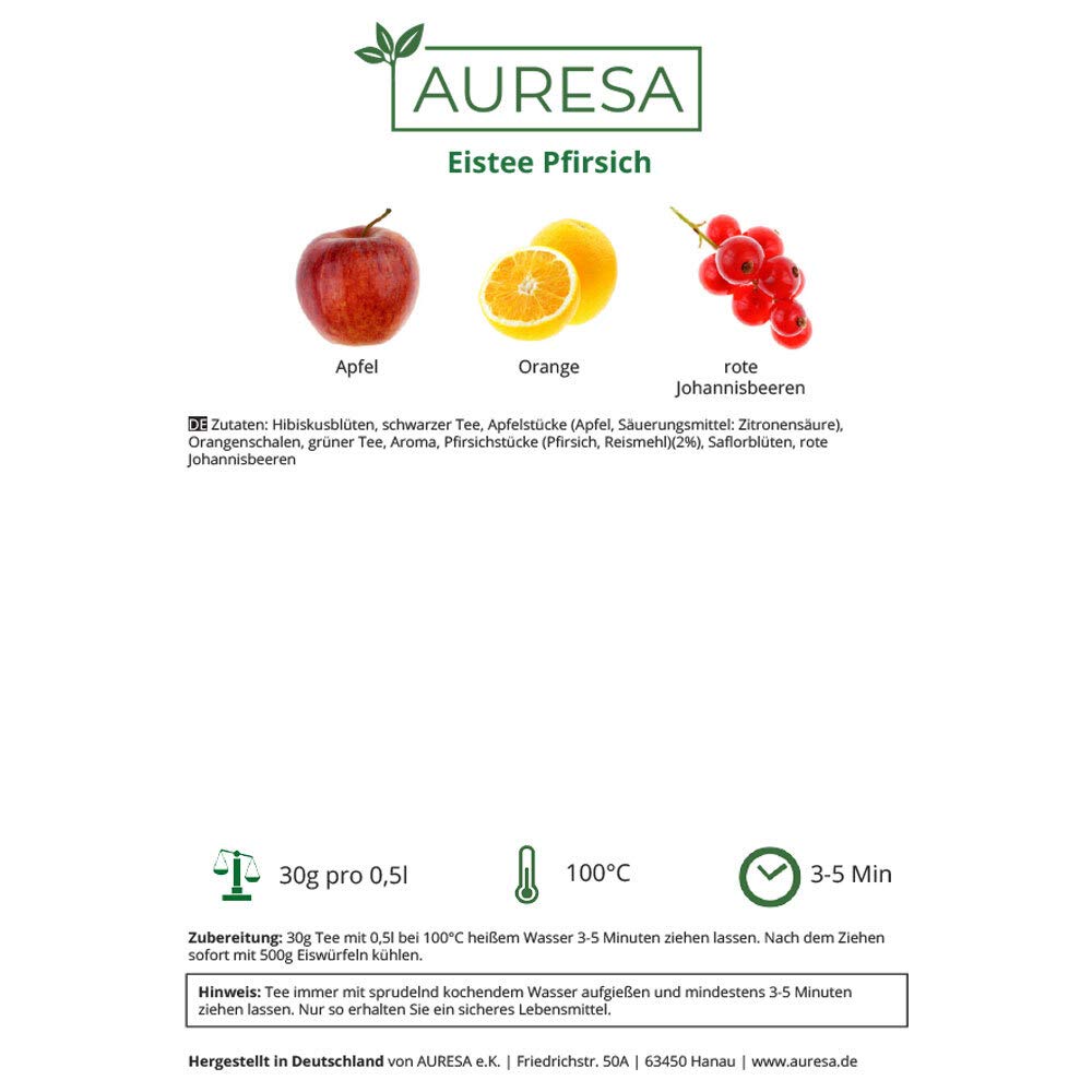AURESA Eistee Pfirsich | Schwarztee und Grüntee mit Früchten | Spritzig erfrischende Tee Mischung für den Sommer
