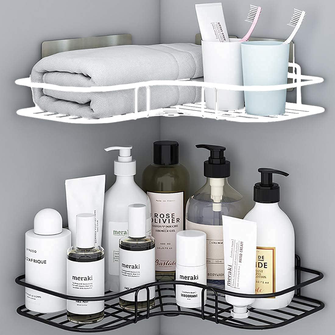 OSWELL Multipurpose Bathroom Corner Storage Organizer Wall Mounted Rack Shelf Shower Caddy | Shelf Adhesive Bathroom Accessories Kitchen Storage Rack (Black & White) (B0CDSCM66C) Amazon Price History, Amazon Price Tracker