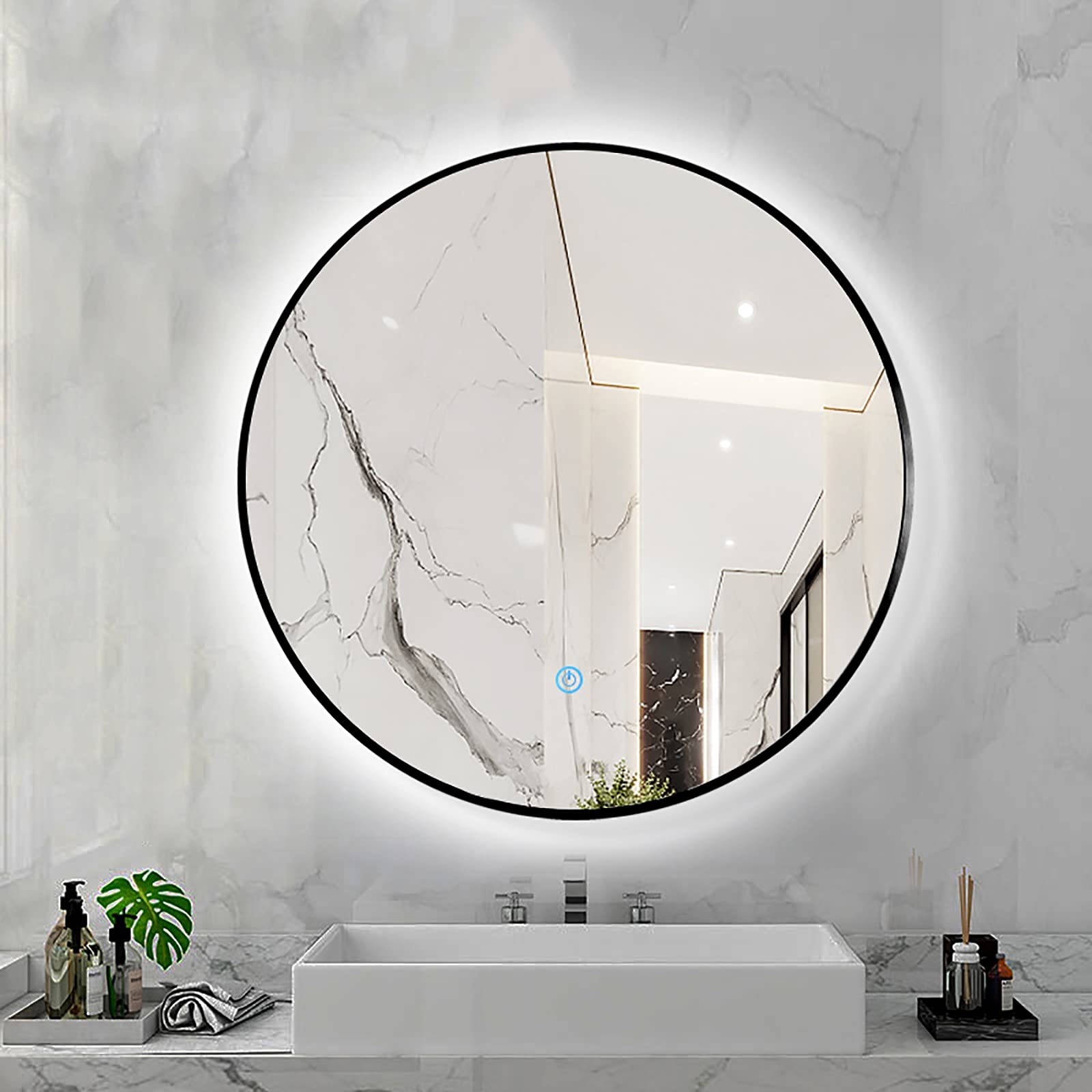 SXFSDOU LED Backlit Round Bathroom Mirror with Sensor Touch Control 3 Colour Dimming Function and Aluminum Alloy Frame Wall Mounted Makeup (Black 70X70CM)