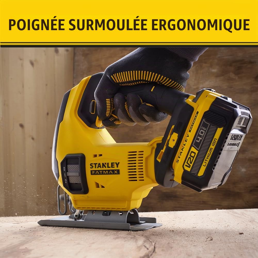 Stanley FATMAX Scie sauteuse sans fil 18V Lithium Ion Moteur Brushless Performante et pratique (Bois 55mm, Métal 8mm) Sans batterie ni Chargeur Gamme FATMAX V20 SFMCS600B-XJ