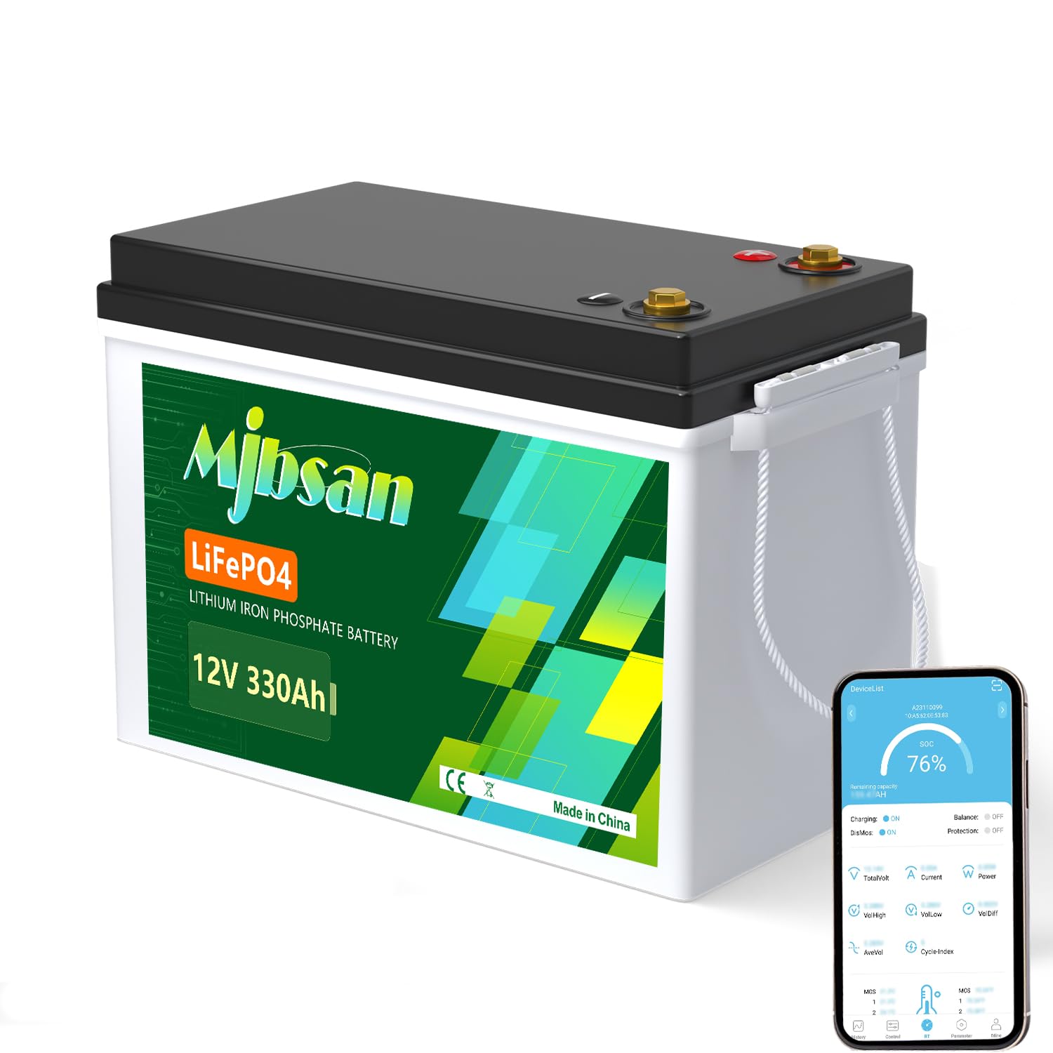 Mjbsan Batería de litio LiFePO4 de 12 V 330 Ah con energía de 4224 Wh, 200 A BMS incorporada, potencia de carga máxima de 2560 W, vida útil de 10 años de hasta 15,000 ciclos, para campamento de