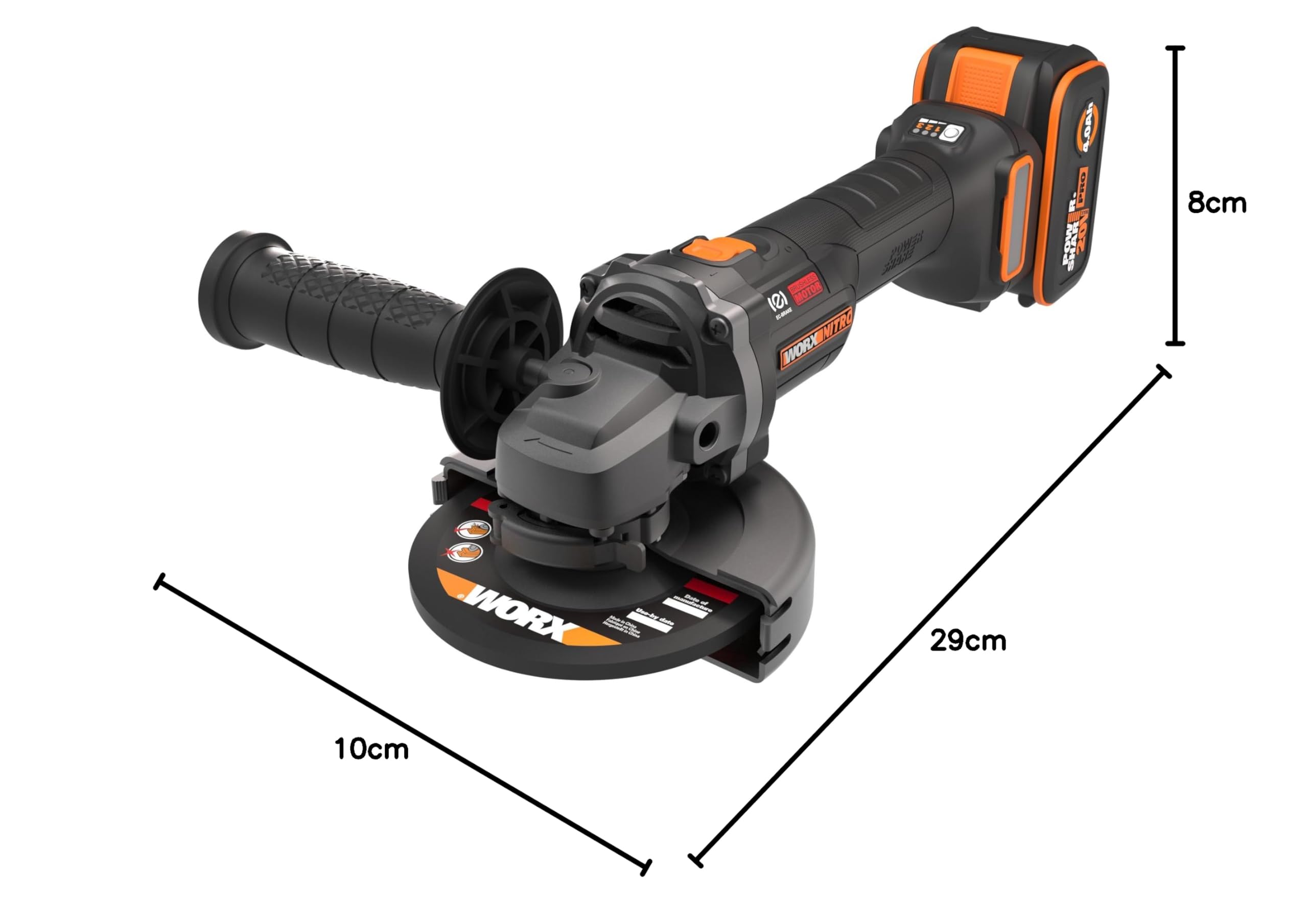 WORX WX814 Amoladora a batería 20V-4Ah, 125mm, corte 50% más rápido, equivalente a 1000W de potencia, batería y cargador incluido, para reparaciones, metal y piedra, uso intensivo.